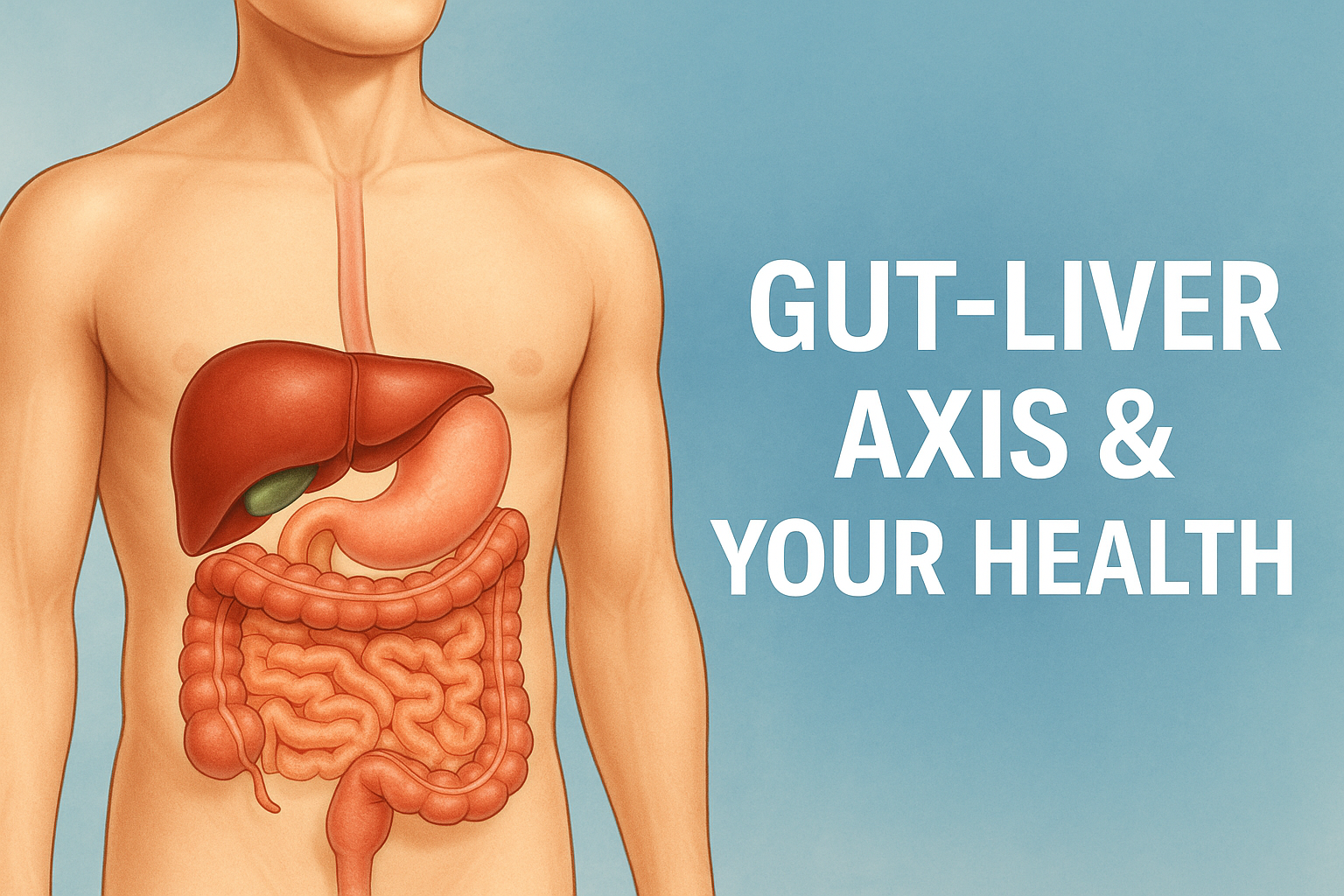 Realistic illustration of male digestive system highlighting the Gut-Liver Axis with medical education text overlay