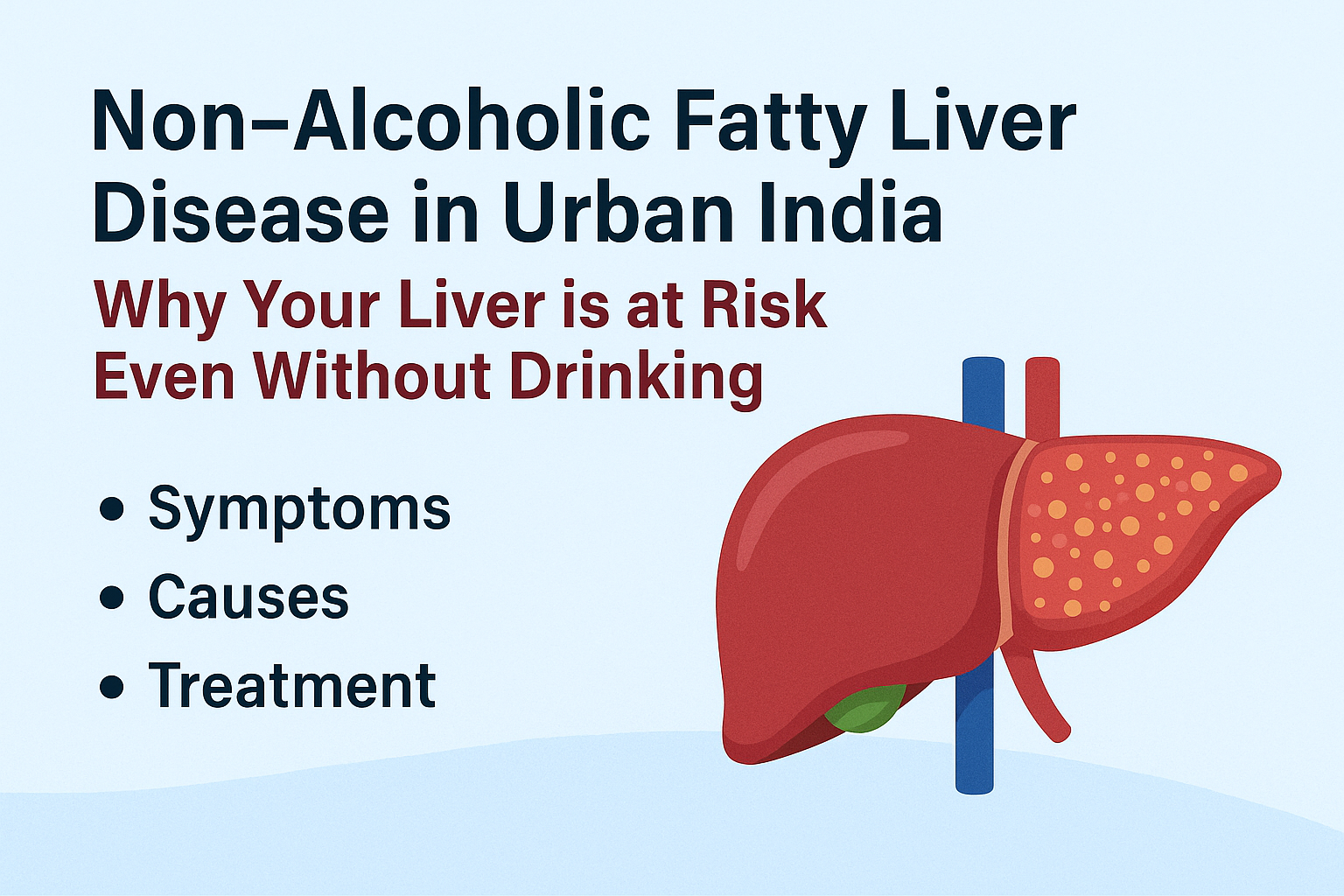 Illustrated banner showing a liver graphic with title “Non-Alcoholic Fatty Liver Disease in Urban India: Why Your Liver is at Risk Even Without Drinking,” and bullet points highlighting symptoms, causes, and treatment.