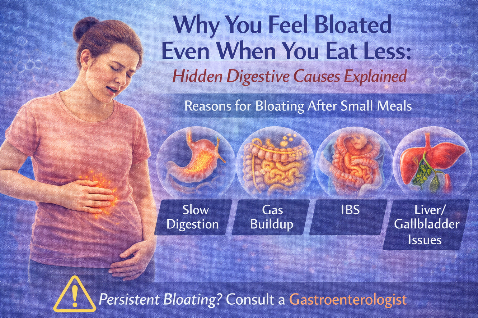 Feeling bloated even when eating less illustrated with a digestive health infographic showing slow digestion, gas buildup, IBS, and liver or gallbladder issues causing abdominal bloating.