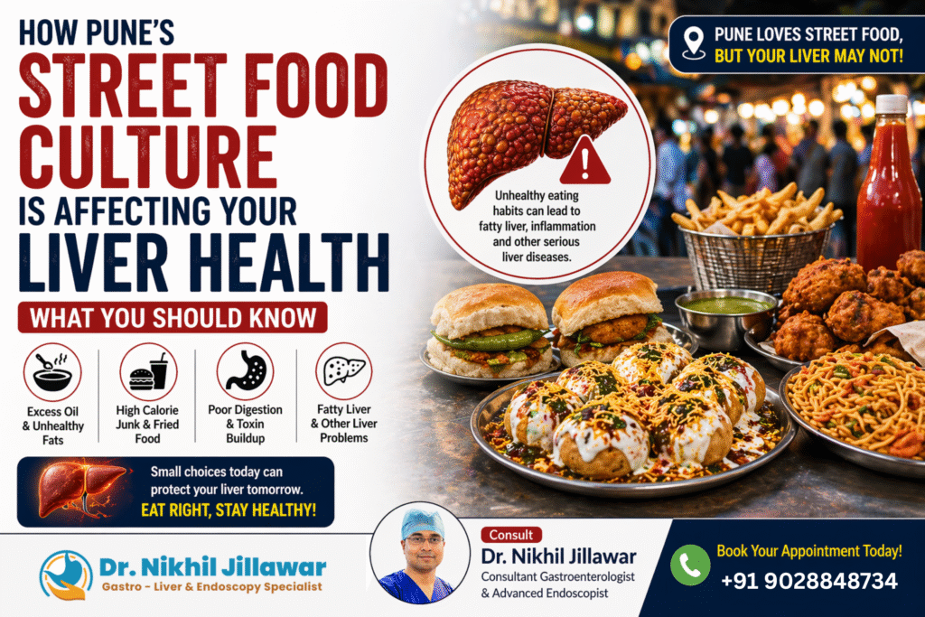 Street food dishes with liver health warning and doctor consultation, highlighting liver problems due to street food in Pune with advice from Dr Nikhil Jillawar