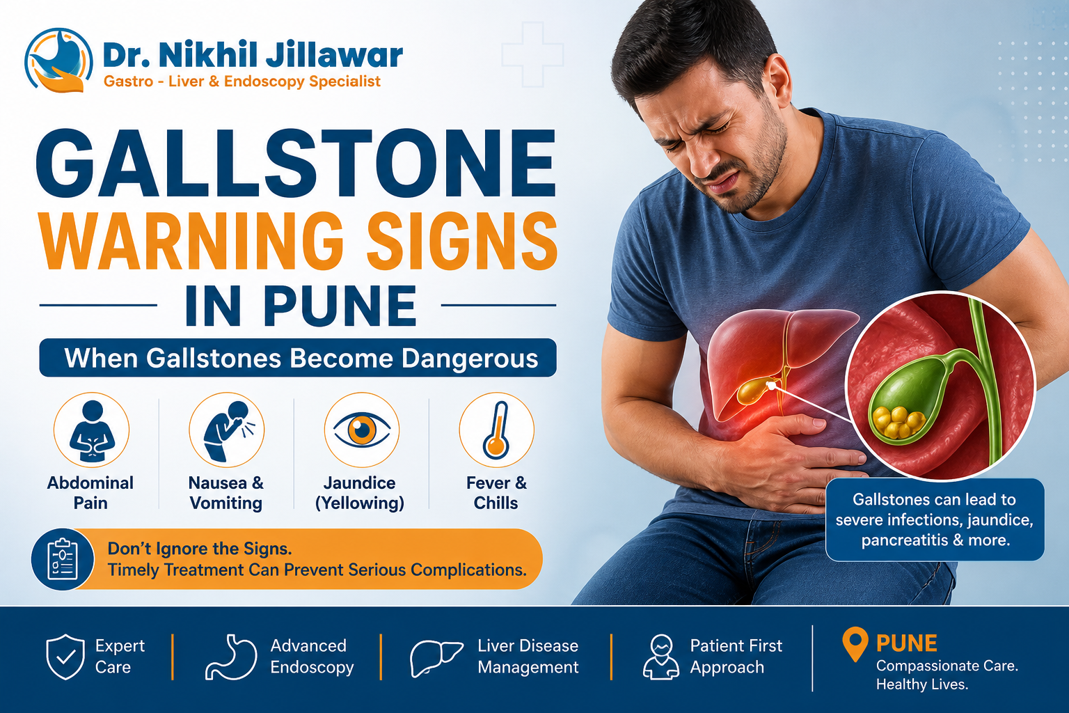 Featured image about gallstone warning signs in Pune showing a man with severe abdominal pain, gallbladder and gallstone medical illustration, symptoms like nausea, jaundice, and fever, with professional gastroenterology branding and Dr. Nikhil Jillawar logo.